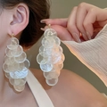 Macro detail of geometric shell tassel earrings with iridescent finish on a model - White Style (Large)