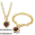 Gold stainless steel jewelry set with purple heart crystal and OT toggle clasp - Gold 2-Piece Set - Purple Gem (KS197626-Z)