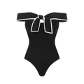 Dettaglio del costume intero nero elegante con fiocco bianco e bordi a contrasto - S / Costume da Bagno Bandeau Nero