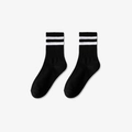 Classic black mid-calf socks with white double stripes and ribbed knit texture - One Size / Black