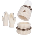 Ensemble d'hiver avec bonnet en tricot crème, écharpe et gants tactiles à motifs - Ensemble 3 Pièces (Bonnet + Écharpe + Gants) / Blanc Cassé