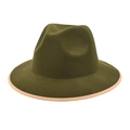 Detail view of green wool fedora hat with contrast pink brim binding and classic jazz crown - M(56-58cm) / Army Green (Light Binding)