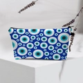 Detail of waterproof Evil Eye makeup bag with blue pattern on white canvas and black zipper - 04-White Blue Evil Eye