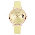 Detailed close-up of a women's quartz watch with moon pattern and beige leather strap - Watch Only / Yellow