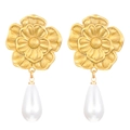 Vintage gold flower earrings with white teardrop pearls in elegant floral style - KC Gold Double-Layer Petals (4763)