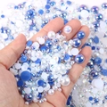 Mixed white and blue flatback pearls with AB crystals for DIY nail art and crafts - Half-circle Pearl Blue And White Series #a14 / 30 g
