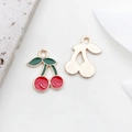 Pendentif cerise rouge en alliage avec feuille verte et dorure pour bijoux DIY - Cerise 12x18mm