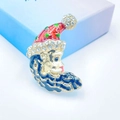 Christmas crescent Santa Claus brooch in red and blue enamel with sparkling crystals - Cute Snowman with Scarf Drip Oil