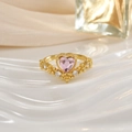 Elegant gold crown ring featuring a pink heart-shaped stone and clear crystals on top - Pink Heart Exquisite Design (JZ0139D)