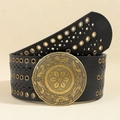 Black PU leather boho belt with vintage bronze floral embossed round buckle for women - 754 Style / Black