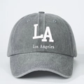 Unisex grey washed cotton baseball cap with white LA Los Angeles embroidery on front - One Size / Light Gray