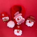 Detailed view of handmade knitted Christmas cat scarf with mini Santa and snowman patches - Red (LED Light)