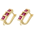 Detail of gold geometric earrings with three magenta square gemstones on white background - VE1383 Gold with Rose Red Zirconia