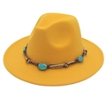 Bright yellow wool fedora hat featuring bohemian turquoise beads and woven cord trim - M / Yellow