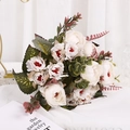Elegant white artificial peony bouquet with red stamens and green leaves for home decor - Cream