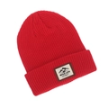 Detail of red knit beanie featuring a mountain bear patch and ribbed texture design - One Size / Red