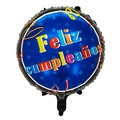 Blue and black Feliz Cumpleaños Spanish birthday foil balloon with geometric patterns - Round Black Blue Spanish Birthday