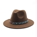 Classic brown wool felt fedora hat featuring a bohemian beaded leather band accessory - M (56-58cm) / Coffee