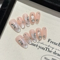 Unghie finte fatte a mano rosa cat eye con farfalle 3D argento e perle - Extra Piccolo (XS) / Ovale Medio (2128)