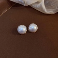 Close-up of elegant round white pearl earrings with minimalist gold metal trim on leather - 12# Silver Pin - White Round