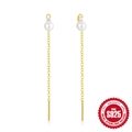 Elegant S925 sterling silver long tassel drop earrings with white pearls and zircons - Single Pearl Zirconia Tassel Ear Line (60239398000) / Gold