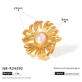 Macro shot of 28mm stainless steel gold flower ring with pearl and size details - Elegant Round Flower Style (NB-R24290)