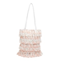 Floral lace tote bag with multi-layer ruffles and pink flower print for summer - Pink