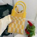 Knitted tote bag with yellow and cream checkerboard pattern and round top handle - Checkerboard Ginger Yellow