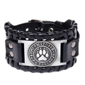 Black double-layer braided leather bracelet with silver bear paw engraved metal plate - PU Black Leather + Antique Silver