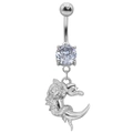 Piercing de nombril argenté avec pendentif lune-fleur et pierre zircon claire - Argent Croissant Fleur (24040901-6)