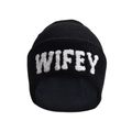 Detailed close-up of white 3D textured WIFEY embroidery on a black knitted beanie - Black