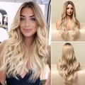 Detail views of ombre gold long wavy wig showing back and side profile on a mannequin head - Gradient Gold