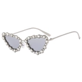 Luxury silver cat-eye sunglasses with sparkling rhinestones and grey gradient lenses - Silver Frame White Mirror Lens