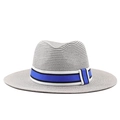 Classic light grey straw sun hat with striped ribbon band for outdoor beach sun protection - M (56-58cm) / Gray
