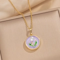 Collana vintage dorata con ciondolo a fiore in smalto viola e dettaglio perla - Perla Artificiale Foglia Rotonda - Viola (A24 Viola)