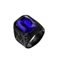 Dettaglio dell'anello vintage in acciaio nero con grande gemma blu rettangolare - Misura 7 / Nero con pietra blu profondo