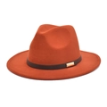 Detail of rust orange wool fedora hat with black leather band and gold buckle - Caramel color