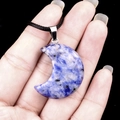 Blue and white natural crystal agate moon pendant with black rope necklace - 30mm Blue Dot Jade