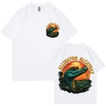 White cotton t-shirt featuring retro Alligator Alcatraz graphic and sunset lighthouse print - S / White