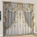 Elegant beige curtains with gold floral embroidery and decorative lace valance set - Beige Gold Embroidery Lace