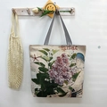 Floral knit tote bag with lilac print and black and white striped handles for women - Green Leaf Purple Floral