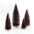 Set of four burgundy glitter sisal Christmas trees with natural round wood bases - Dark Wine Red