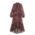 Abito lungo bohémien in chiffon con stampa paisley, maniche lunghe e orlo irregolare - XS / Marrone Scuro