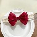 Infant headband with red polka dot bow, white lace band, and small rhinestone detail - Beige Headband-Wine Red Bow