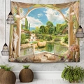 Detail of 3D Mediterranean landscape tapestry with fountain and garden on a textured wall - 150x130cm / Mediterranean Garden Scenery
