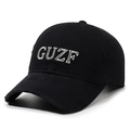 Vintage black washed baseball cap featuring GUZF rhinestone embroidery and distressed brim - Adjustable / Black