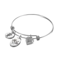 Silver expandable bangle with engraved heart, flower, and girl silhouette charms - Steel Color August (KB158049-Z)