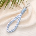 Close-up of handmade blue and white braided keychain lanyard with metal lobster clasp - 12mm Wide / Light Blue White (K2619)