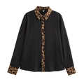Women's black long sleeve shirt with vintage leopard print patchwork details on collar - XS / Black Splicing Leopard