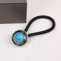 Western cowboy style hair tie with retro pumpkin flower turquoise in silver frame - Round-Blue